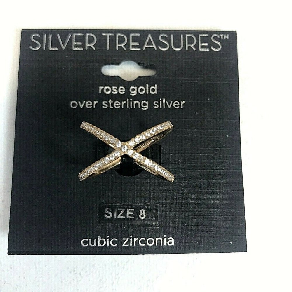 Rose Gold Over Sterling Silver Criss Cross CZ Ring Size 8 Silver Treasures NEW